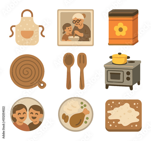 Cooking Traditions Icons. Flat icon set of multigenerational cooking traditions: grandmother’s apron, old