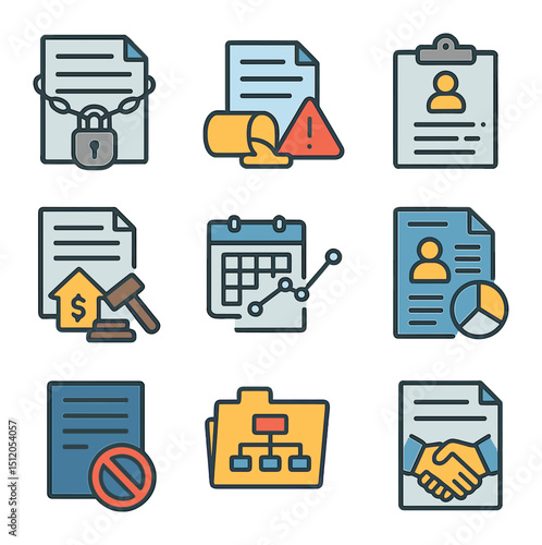 Corporate Legal Icons. Flat icon set of court-ordered corporate actions: debt freeze, liquidation order,