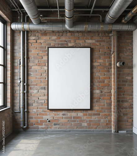 Urban loft with exposed pipes and a floating A4 poster mockup on a brick accent wall.