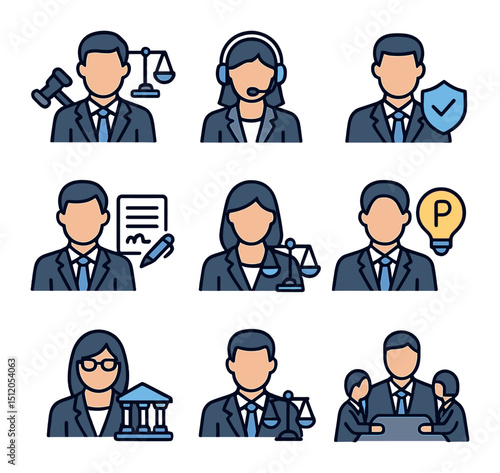 Corporate Legal Icons Set. Flat icon set of legal departments in corporations: general counsel, legal
