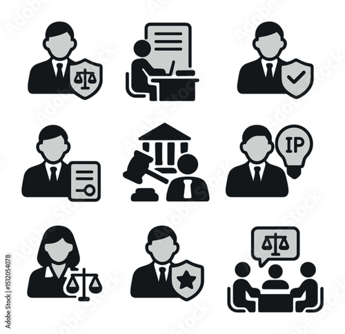 Corporate Legal Icons Set. Flat icon set of legal departments in corporations: general counsel, legal