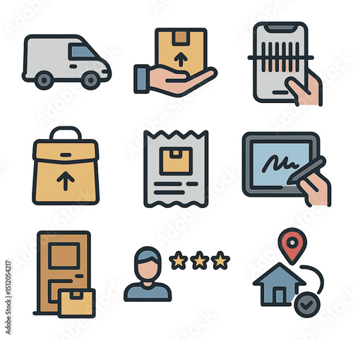 Courier Service Icons. Flat icon set of courier services: small van, parcel handoff, barcode scan, delivery