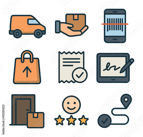 Courier Service Icons. Flat icon set of courier services: small van, parcel handoff, barcode scan, delivery