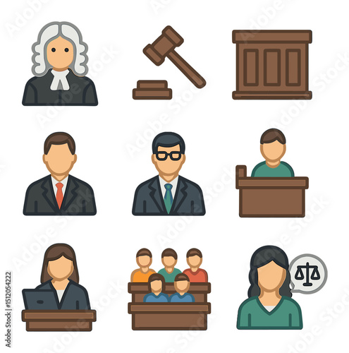Courtroom Icon Set. Flat icon set of courtroom and legal professionals: judge, gavel, courtroom bench,