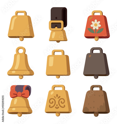 Cow Bell Icon Set. Flat icon set of cow bell types: traditional cow bell, leather strap bell, painted cow bell