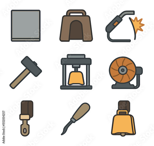 Cow Bell Production Icons. Flat icon set of cow bell manufacturing: metal sheet, cow bell mold, welding torch,