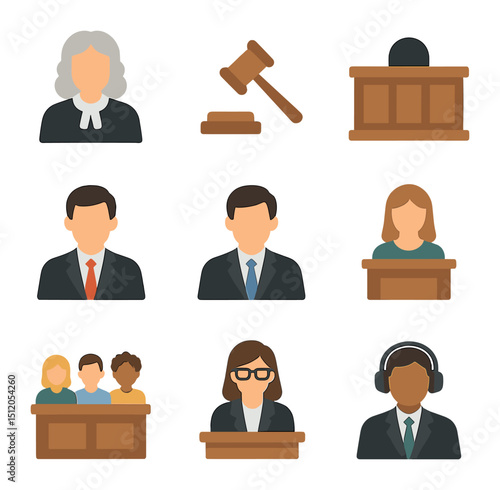 Courtroom Icon Set. Flat icon set of courtroom and legal professionals: judge, gavel, courtroom bench,