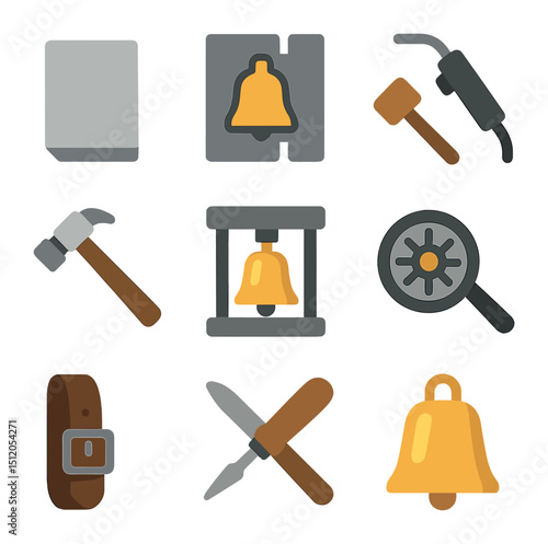 Cow Bell Production Icons. Flat icon set of cow bell manufacturing: metal sheet, cow bell mold, welding torch,