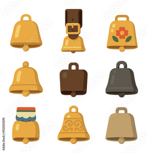 Cow Bell Icon Set. Flat icon set of cow bell types: traditional cow bell, leather strap bell, painted cow bell