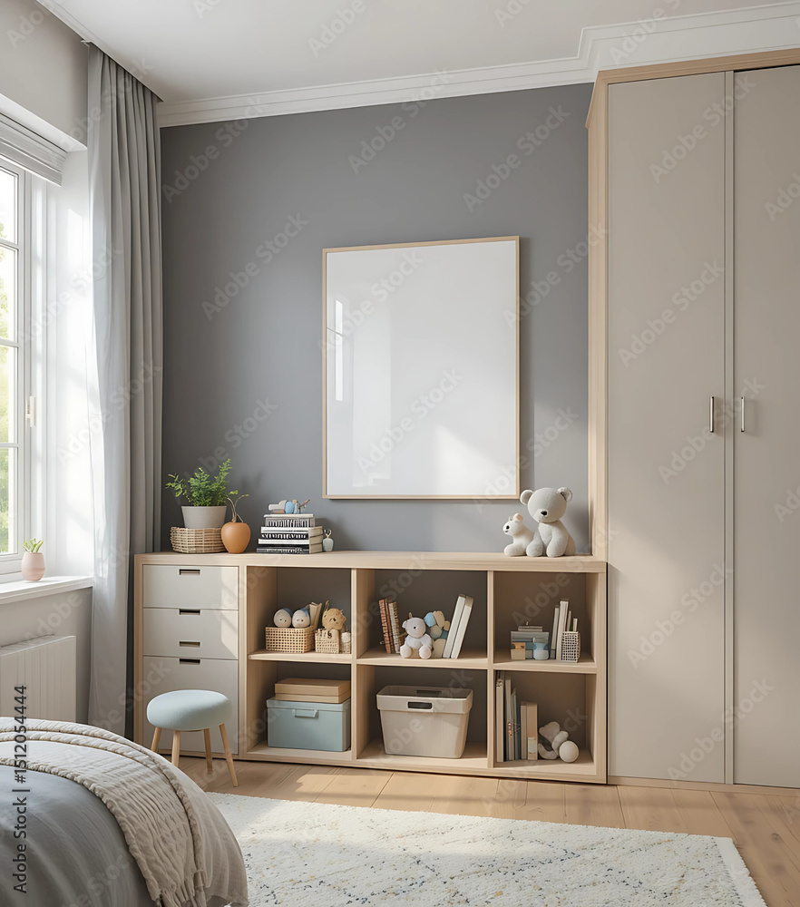 Fototapeta premium Contemporary kids’ room with modular furniture and an A4 mockup above the toy shelf.