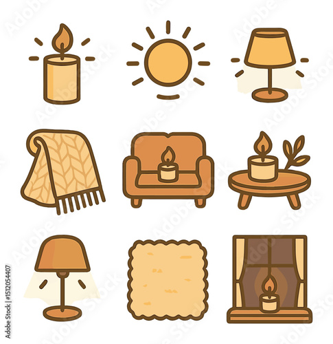 Cozy Candlelight Icons. Flat icon set of cozy candlelight living space: glowing candle, warm light icon,