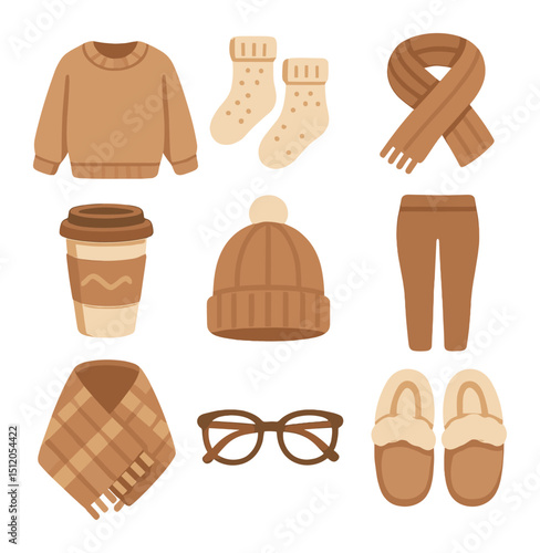 Cozy Fashion Icons. Flat icon set of cozy influencer fashion: oversized sweater, cozy socks, knit scarf, hot