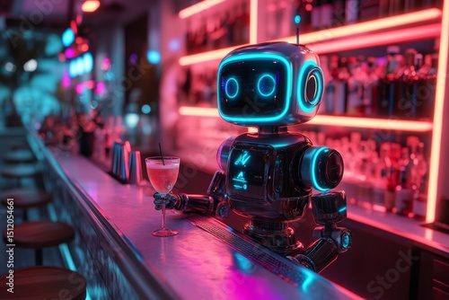 Futuristic Robot Bartender Serving Cocktail in Neon Bar Setting