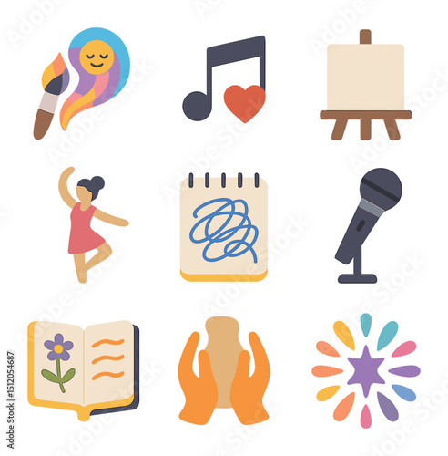 Creative Expression Icons. Flat icon set of creative expression for emotional release: paintbrush with emotion