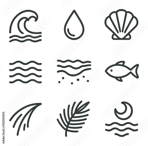 Glowing Beach Icons. Outline icon set of glowing beach waves: wave crest, water droplet, sand ripple, seashell outline, tide line,