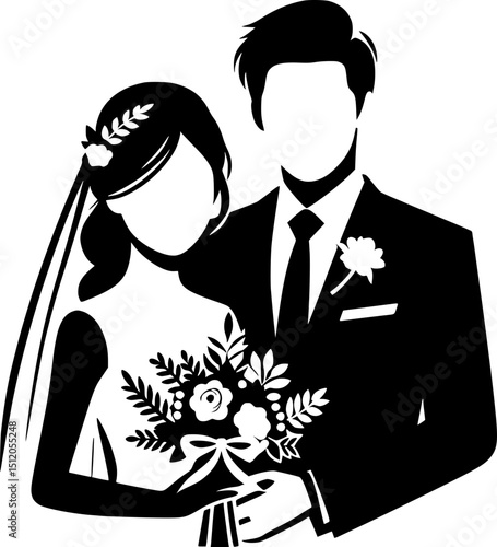 Marriage Icon – Happy Bride and Groom Silhouette for Wedding Invitation