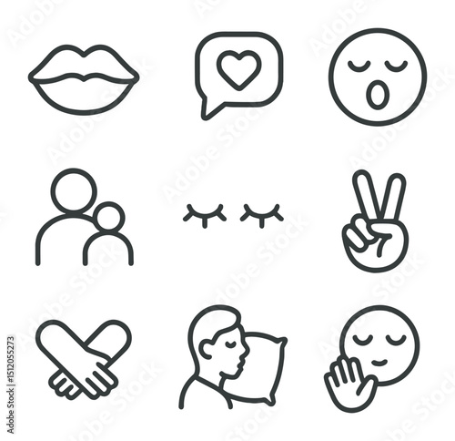 Goodnight Gesture Icons. Outline icon set of goodnight gestures: kissing lips, heart bubble, yawning face, parent silhouette,