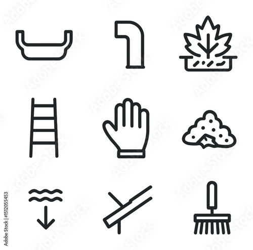 Gutter Maintenance Icons. Outline icon set of gutter maintenance: gutter channel, downspout, leaf guard, ladder, gloved hand,