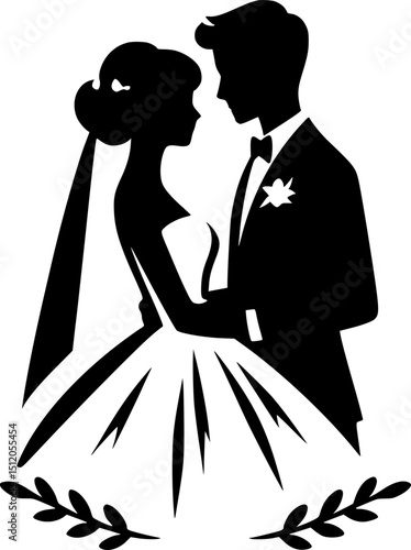 Marriage Icon – Happy Bride and Groom Silhouette for Wedding Invitation