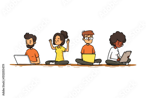 Diverse group working remotely with laptops in a relaxed yoga pose illustration