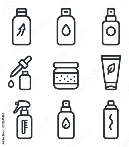 Hair Care Icons. Outline icon set of hair care products display: volumizing shampoo, smoothing conditioner, leave-in treatment,