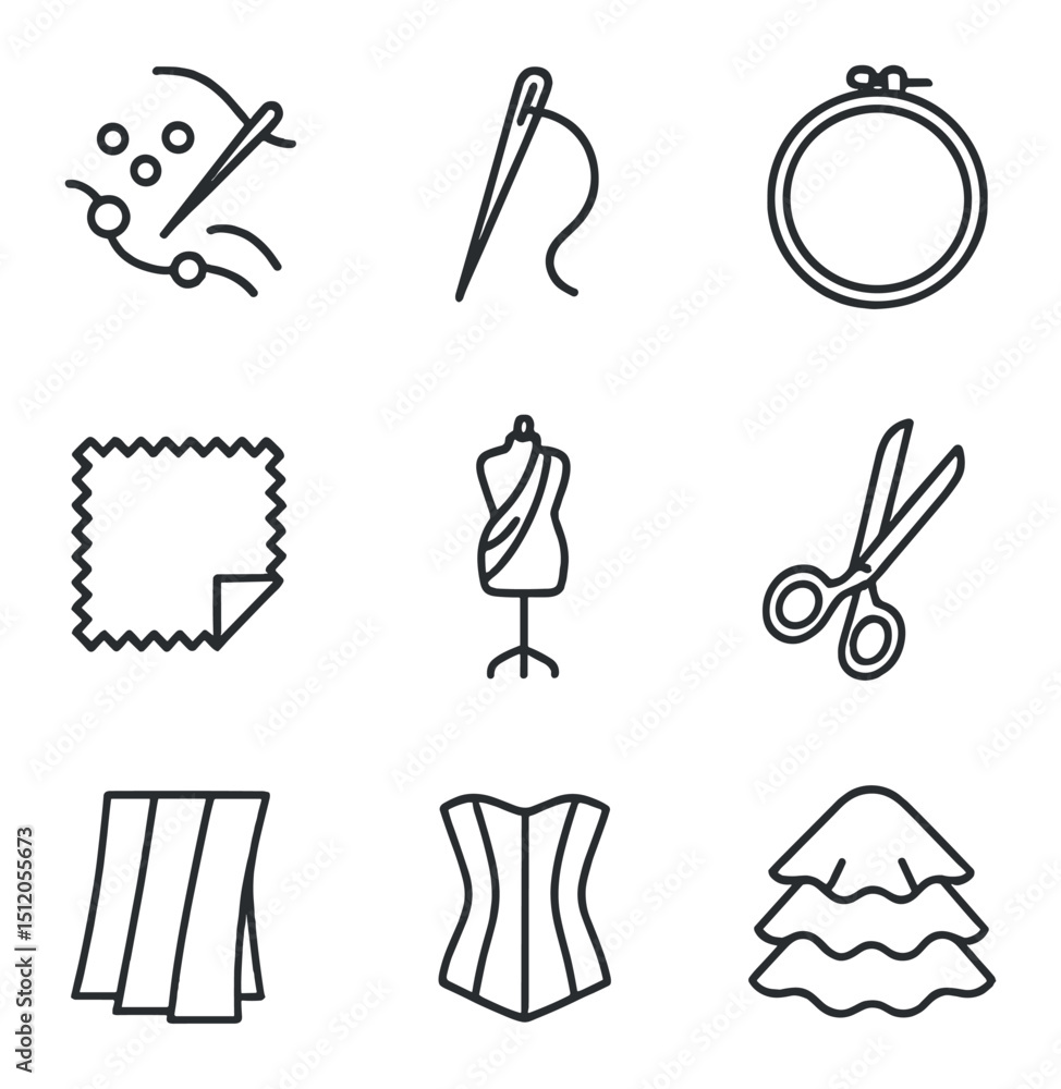 Fototapeta premium Haute Couture Icons. Outline icon set of haute couture details: hand-sewn bead, couture needle, embroidery hoop, fabric swatch,