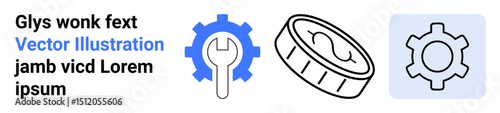 Gear with wrench, currency coin, and gear icon in flat style. Ideal for engineering, finance, maintenance, industry workflow, mechanical systems, money management simple landing page