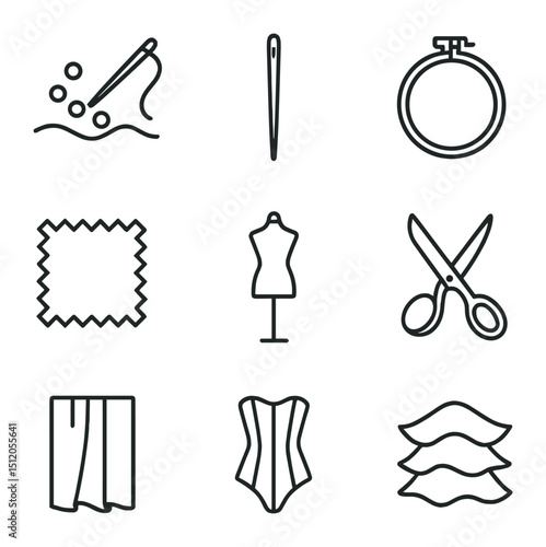 Haute Couture Icons. Outline icon set of haute couture details: hand-sewn bead, couture needle, embroidery hoop, fabric swatch,