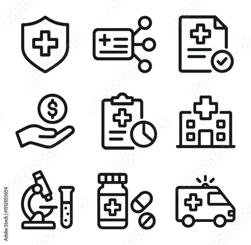 Health Insurance Icons. Outline icon set of health insurance benefits: coverage, network provider, claim, reimbursement, health