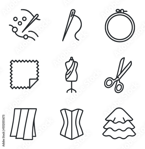 Haute Couture Icons. Outline icon set of haute couture details: hand-sewn bead, couture needle, embroidery hoop, fabric swatch,
