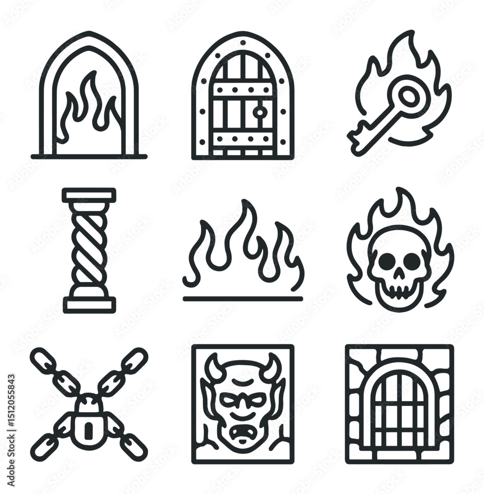 Obraz premium Hellish Gateway Icons Set. Outline icon set of hellish gateways: archway, iron door, burning key, twisted pillar, threshold line,