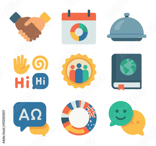 Cultural Awareness Icons. Flat icon set of cultural awareness at work: multicultural handshake, diversity