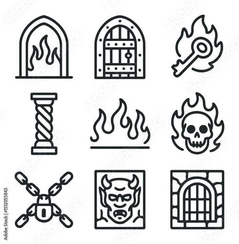 Hellish Gateway Icons Set. Outline icon set of hellish gateways: archway, iron door, burning key, twisted pillar, threshold line,