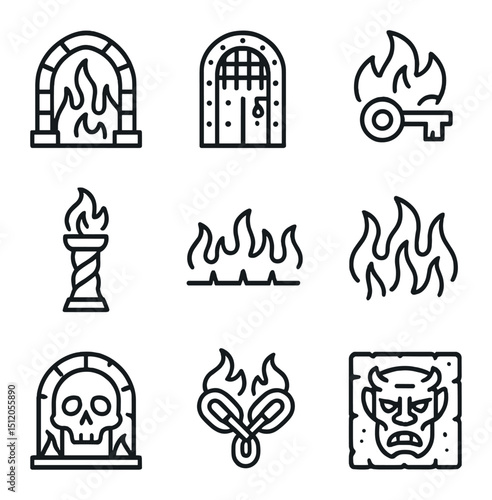 Hellish Gateway Icons Set. Outline icon set of hellish gateways: archway, iron door, burning key, twisted pillar, threshold line,