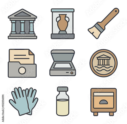 Cultural Preservation Icons. Flat icon set of cultural preservation and archives: museum building, artifact