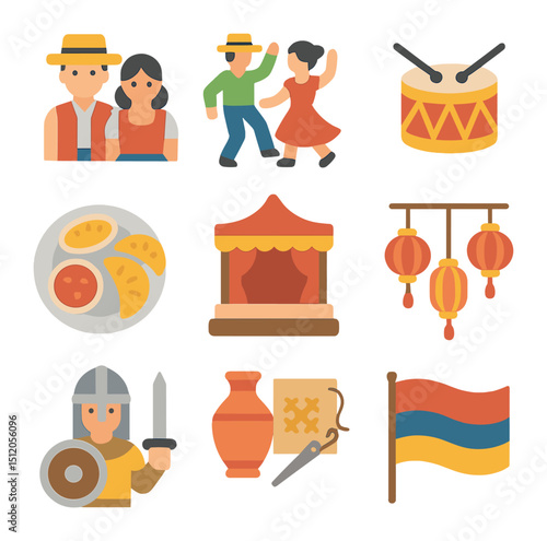 Cultural Festival Icons. Flat icon set of cultural festival elements: traditional costume, folk dance, parade