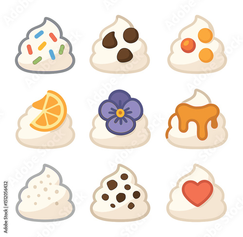 Cupcake Topping Icons. Flat icon set of cupcake topping varieties: rainbow sprinkles, chocolate chips, candy