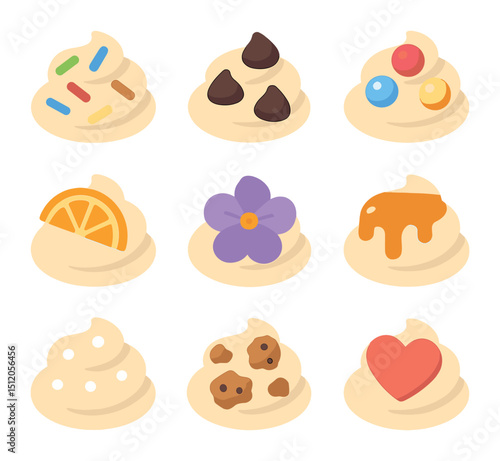 Cupcake Topping Icons. Flat icon set of cupcake topping varieties: rainbow sprinkles, chocolate chips, candy