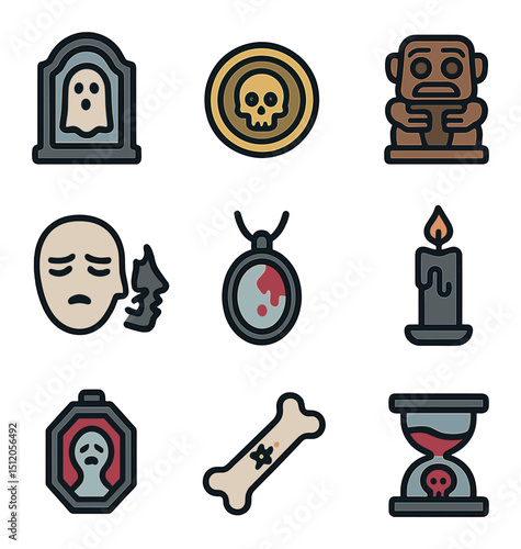Cursed Objects Icon Set. Flat icon set of cursed objects: haunted mirror, cursed coin, forbidden idol,