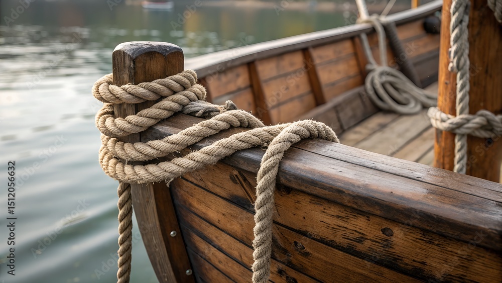 Fototapeta premium Wooden Boat Detail: Close-up view of a weathered wooden boat's stern, showcasing intricate ropework and rich wood grain. The scene evokes a sense of nautical history and craftsmanship.