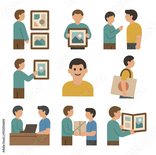 Customer Experience Icons. Flat icon set of customer experience in the studio: person browsing wall, holding