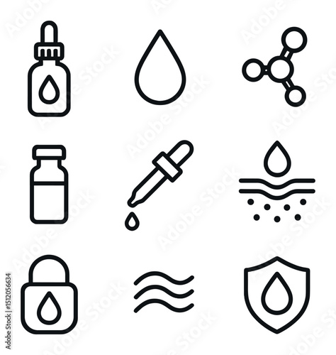 Hydrating Serum Icons. Outline icon set of hydrating serums: dropper bottle, water droplet, hyaluronic acid molecule, glass vial,