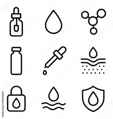 Hydrating Serum Icons. Outline icon set of hydrating serums: dropper bottle, water droplet, hyaluronic acid molecule, glass vial,