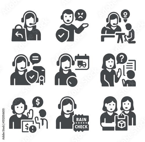 Customer Service Icons. Flat icon set of customer service scenarios: handling returns, addressing complaints,