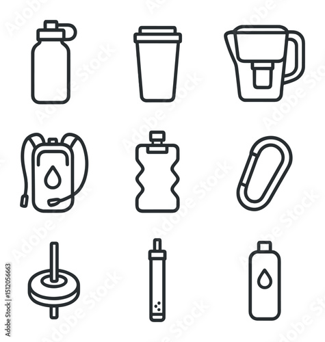 Hydration Icon Set. Outline icon set of hydration essentials: reusable water bottle, insulated tumbler, filter pitcher, hydration