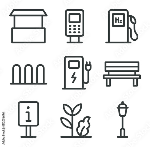 Hydrogen Hub Icon Set. Outline icon set of community hydrogen fueling hub: kiosk shelter, payment terminal, hydrogen pump, bicycle