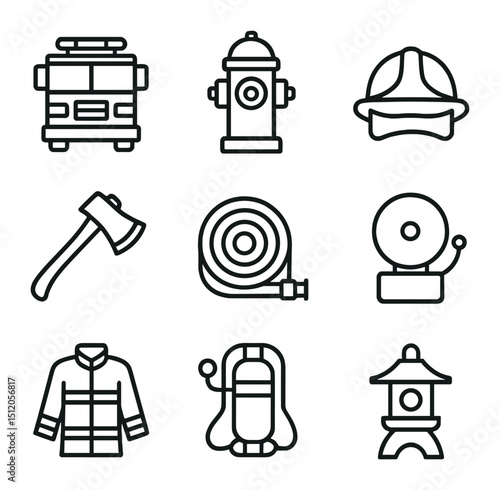 Outline Icon Set. Outline icon set of fire station gear: fire truck, hydrant, fire helmet, axe, hose reel, alarm bell, turnout
