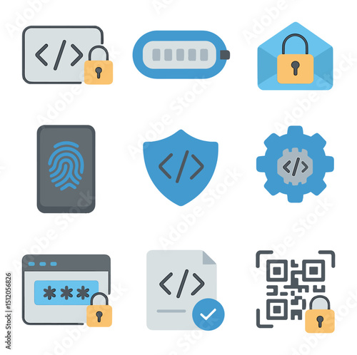 Cybersecurity Icons Collection. Flat icon set of cybersecurity in mobile coding: code lock icon, secure token,