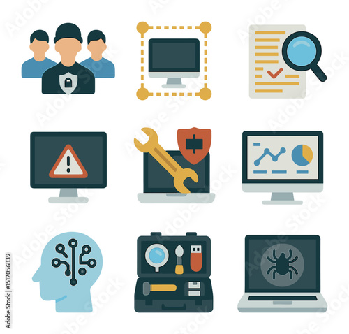 Cybersecurity Icons Grid. Flat icon set of cybersecurity response: incident response team, system quarantine,