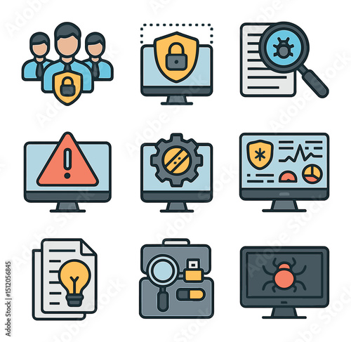 Cybersecurity Icons Grid. Flat icon set of cybersecurity response: incident response team, system quarantine,